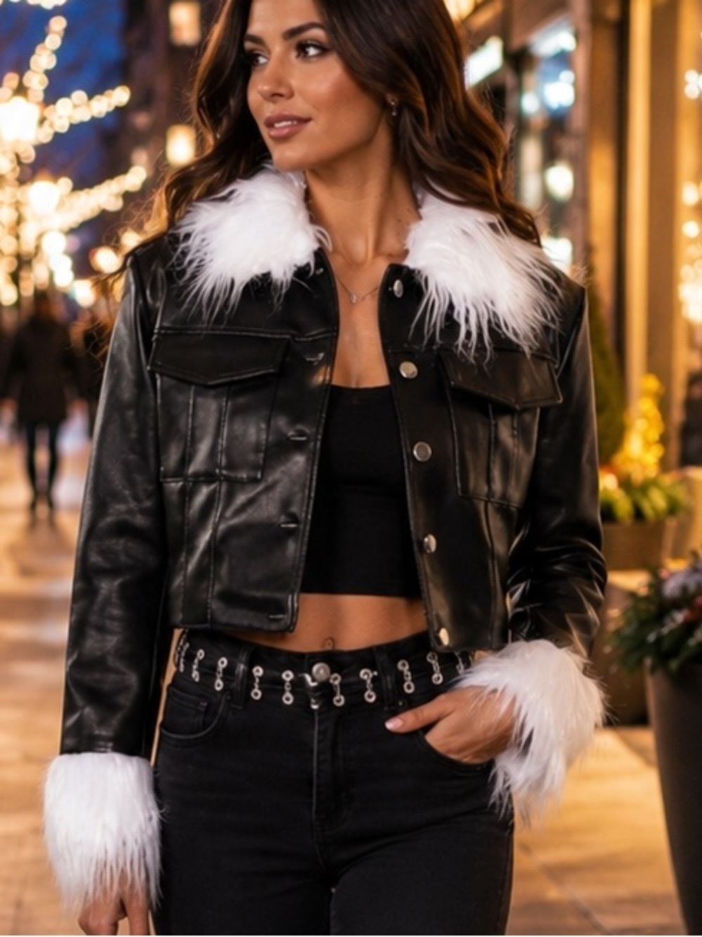 Forever 21 Faux Leather Trucker Jacket White Faux Fur Trim NWT